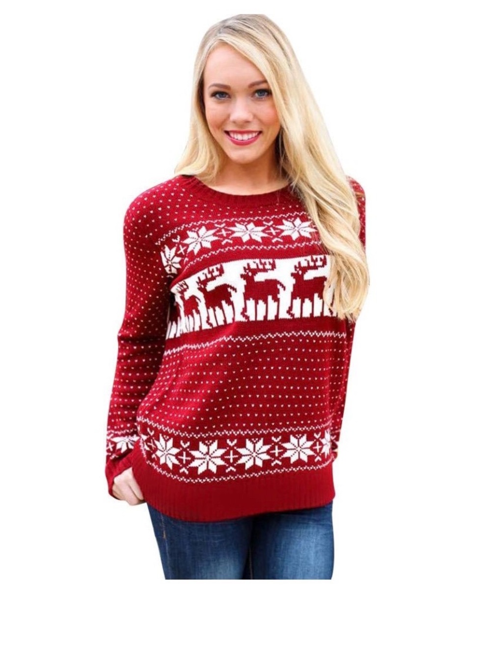 POL Red and White Reindeer Knit Sweater size small
